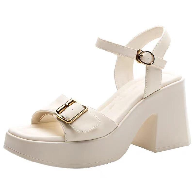 Fashion Ladies Shoes On Sale 2024 New One-word Buckle Women's Sandals Summer Open Toe Mid Heel Water Proof Concise Daily Sandals Women