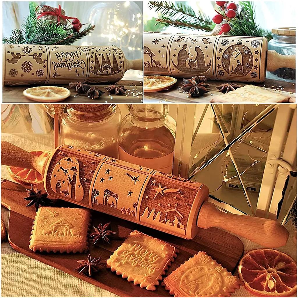 Christmas Rolling Pin with Pattern Rolling Pins Rock Snowflake Elk Embossing Baking Cooky Biscuit Fondant Cake Patterned Roller