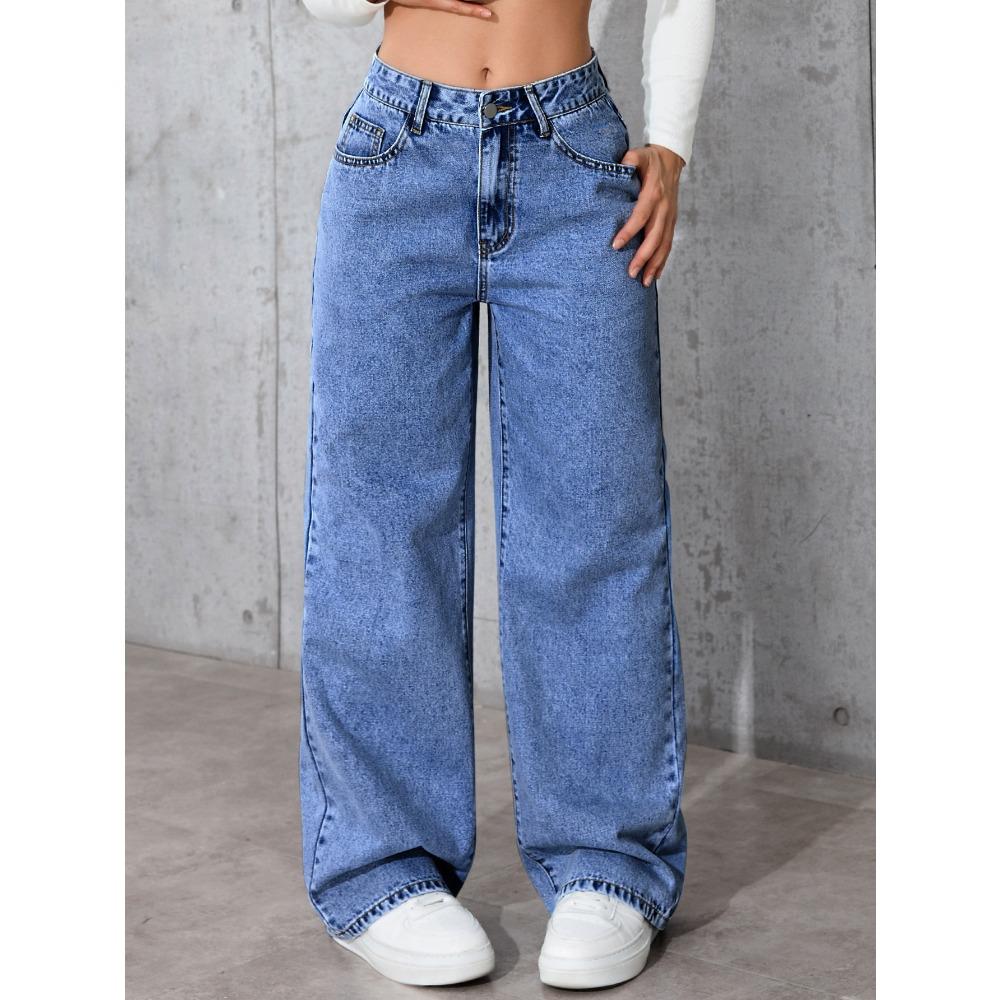 Damen Jeans mit hoher Taille und geradem Bein, Lockere Wide Leg Jeans aus Denim, Säuregewaschen Hellblau Dehnbare Jeans mit Taschen, Lässige Büro-Arbeitshosen