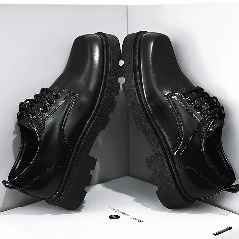 Módní pánské kožené boty s hranatou špičkou, lakované kožené ležérní boty pro muže, silná podrážka, derby boty v korejském stylu, formální pánské společenské boty