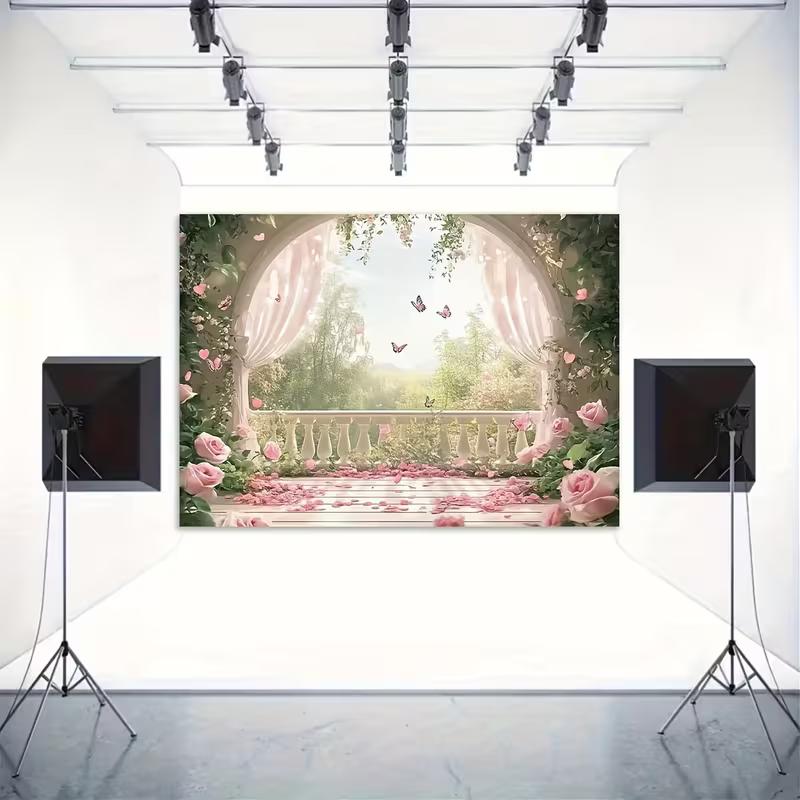 Rosa Rose Balkon-Wandteppich, Romantischer Blumiger Schmetterlings-Hintergrundstoff, Hochzeitsfeier-Kulisse