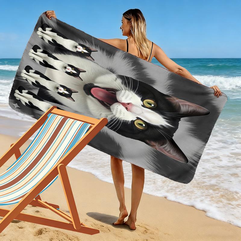 Cow Cat Siamese Print Beach Towel, Large Soft Quick Dry Towel for Beach Camping Swimming