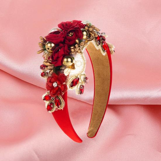 Women Heaband Fake Flower Faux Pearl Shiny Rhinestone Decor Wide Vintage Luxury Anti-slip Colorful Hair Hoop Anti-slip Hair Decoration Accessory