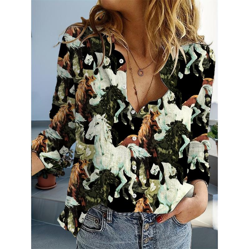 Camicia Casual da Donna con Revers Ampio, Camicia Casual con Stampa di Cane Carino, Abbigliamento Elegante da Donna, Camicia da Casa a Maniche Lunghe