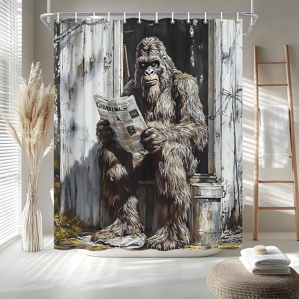 Funny Gorilla Shower Curtain Farmhouse Rustic Hilarious Animal Read Newpaper Vintage Chimpanzee Man Retro Wooden Door Bath