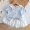 Girls Summer 2 Piece Outfit Blue Ruffle Top With White Bud Pants Stylish Casual Set For Kids
