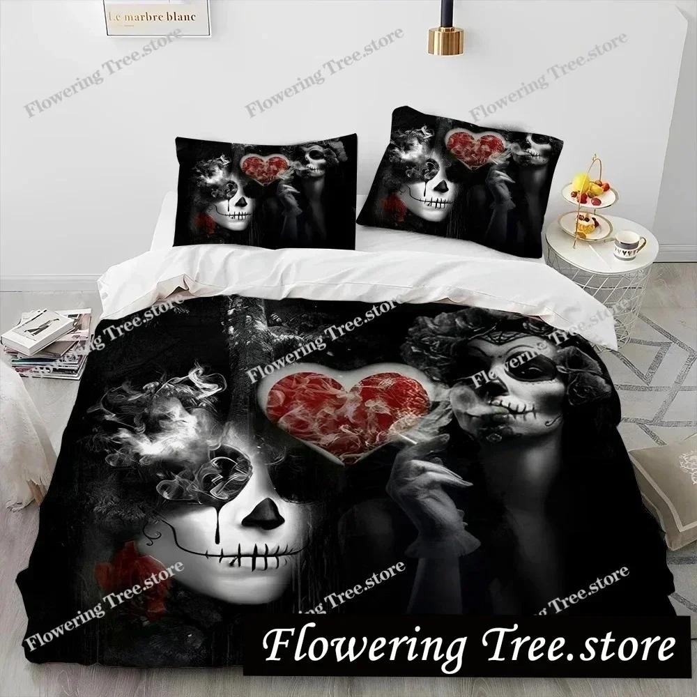3D Horror Gothic Vrouwelijke Schedel Dood Meisje Dekbedovertrek Beddengoedset, Dekbedovertrek Bedset Quiltovertrek Kussensloop, Queen Size Beddengoedset