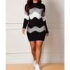GMXIA Women's Mid-length Short Skirt Round Neck Long Sleeve Printed Knitted Buttock Dress