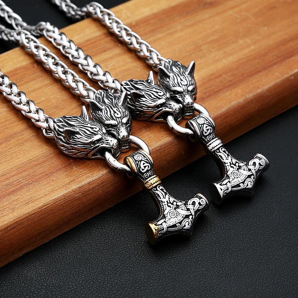 Thor's Hammer Pendant Men's Necklace Domineering Tide Stainless Steel Wolf Head Necklace Jewelry