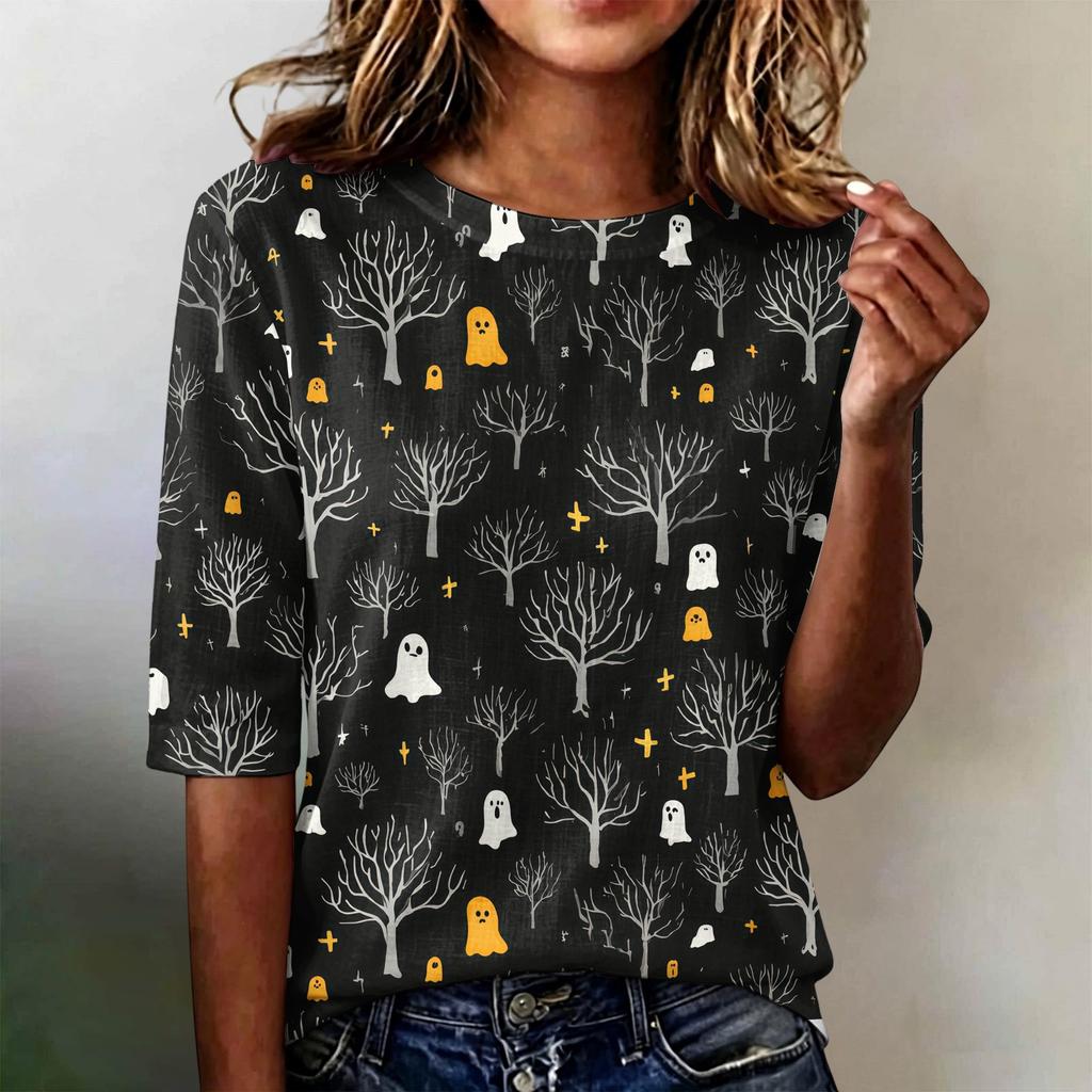 Women Loose Fit Casual Half Sleeve Top Round Neck Lightweight Pullover Blouse with Halloween Ghost Tree Print for Everyday Wear