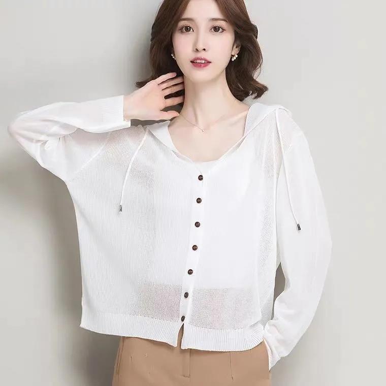 

Жіночий весняно-літній однотонний в язаний кардиган з капюшоном вільного крою з крижаного шовку, куртка для захисту від сонця 2XL білий