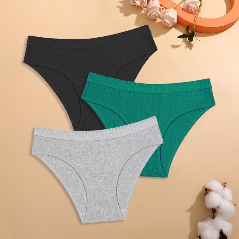 FINETOO 3Pcs/Set Cotton Striped Stretchy Underwear Women's Low Waist Panties Sexy Elastic Wide Belt Solid Color Briefs Comfort Lingerie