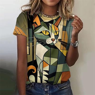 Camiseta con Estampado de Graffiti Colorido Impresa en 3D Para Mujer Camisetas Vintage de Gato Moda de Verano Tops de Cuello Redondo Manga Corta