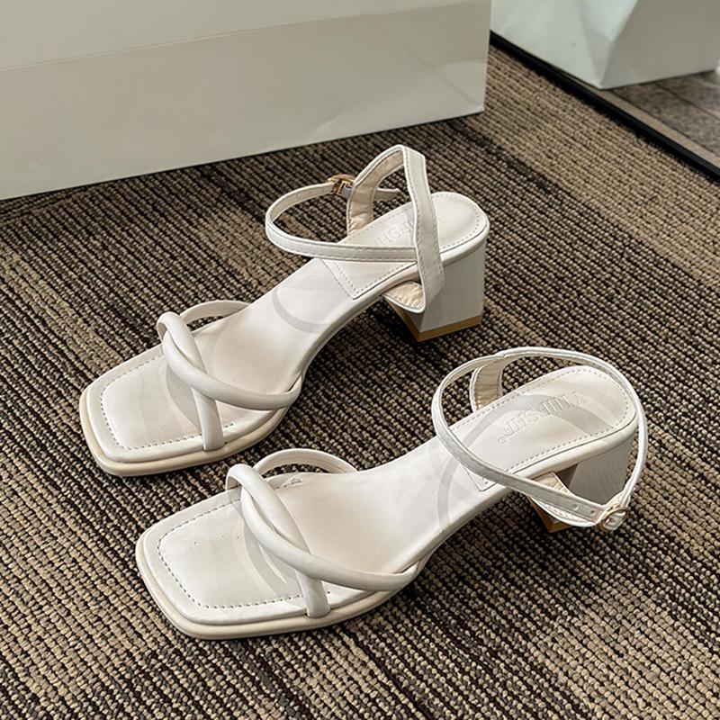 

Модные женские сандалии Элегантный дизайн Сандалии на высоком каблуке 5 см Летние сандалии с открытым носком на высоком каблуке для женщин Квадратный носок Римские сандалии 35 бежевый