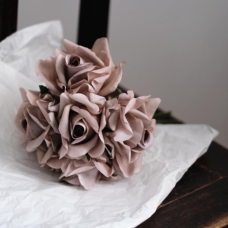 5-Head Real Touch Rose Flower Bouquet Beige Latex Silk Roses for Weddings Handmade Artificial Flowers with Real Touch Effect