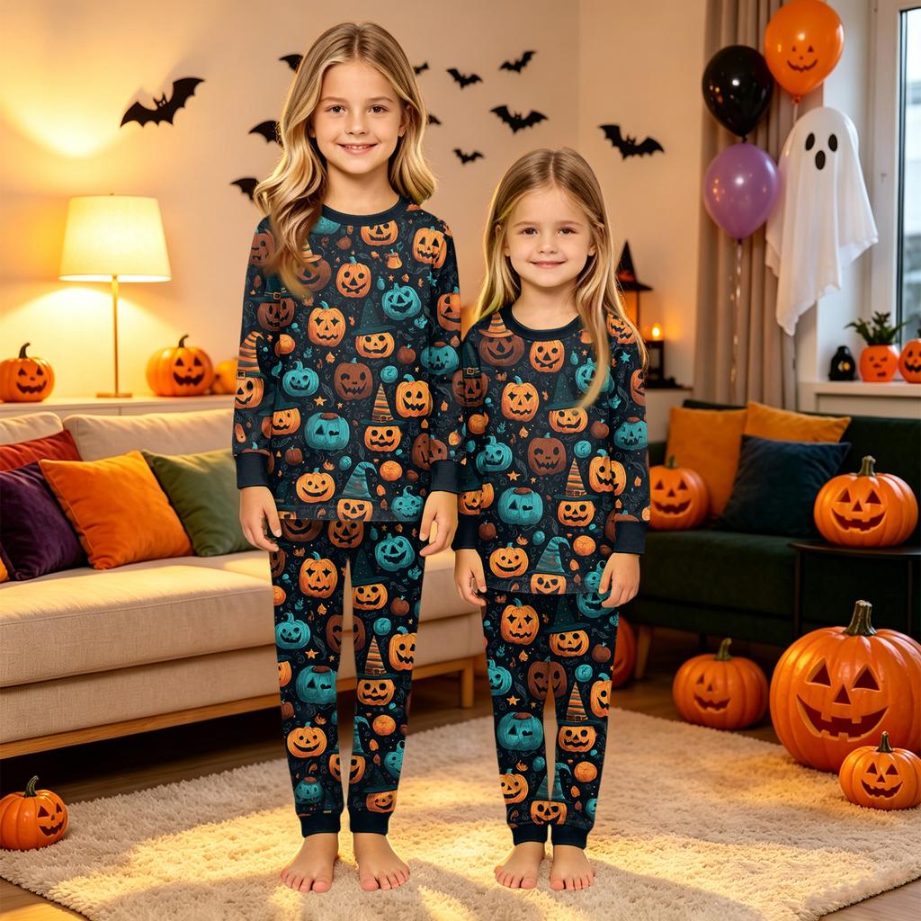 Family Matching Halloween Printed Loungewear Set with Long Sleeve Top and Pants for Parents and Kids
