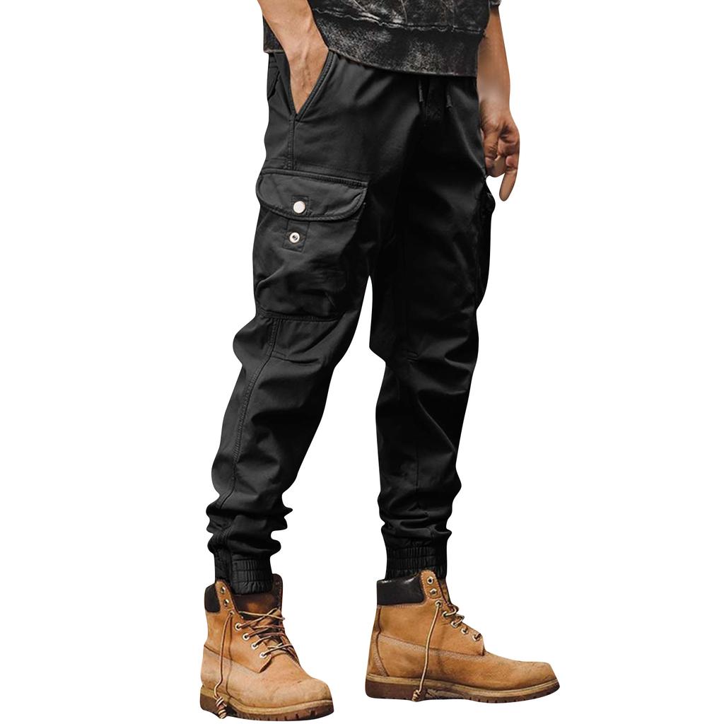 Pánské jednobarevné zateplené kalhoty s mnoha kapsami a manžetami na zip pro venkovní volnočasové sportovní kombinézy