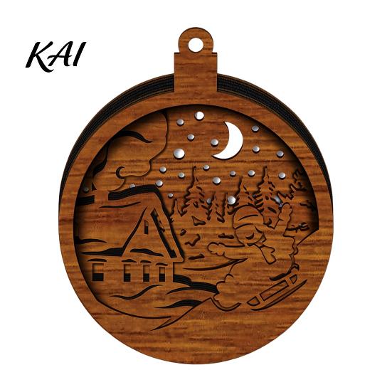 Natural Log Craft Gifts 3D Wooden Light Up Christmas Ornament, Layered House Tree Snowman Wood Engraving Decor Nativity Scene Hanging Decoration