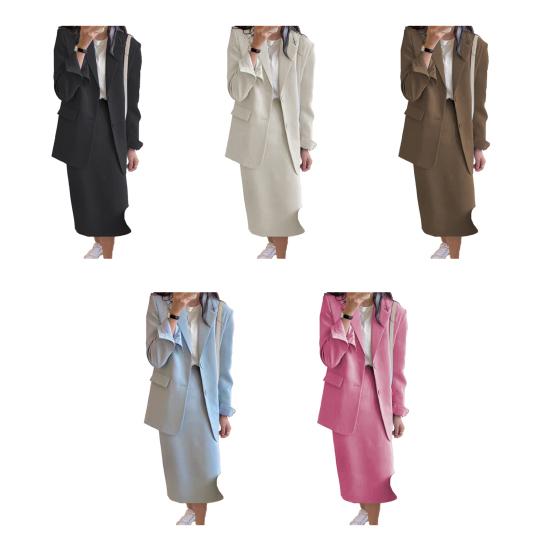 2Pcs/Set Women Suit Set Lapel Long Sleeve Flap Pockets Suit Coat High Waist Midi Skirt Set Solid Color Office Lady Suit Workwear