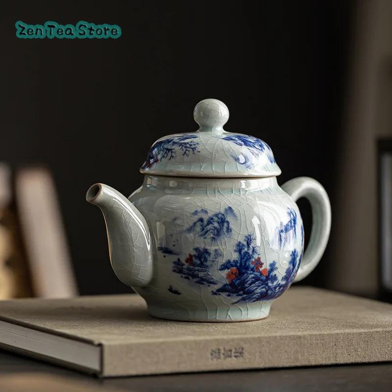 Antique Blue And White Chinese Ruyi Teapot Household Ceramic Ice Crack Glaze Old Clay Single Pot Chinese Style Kung Fu Tea Set