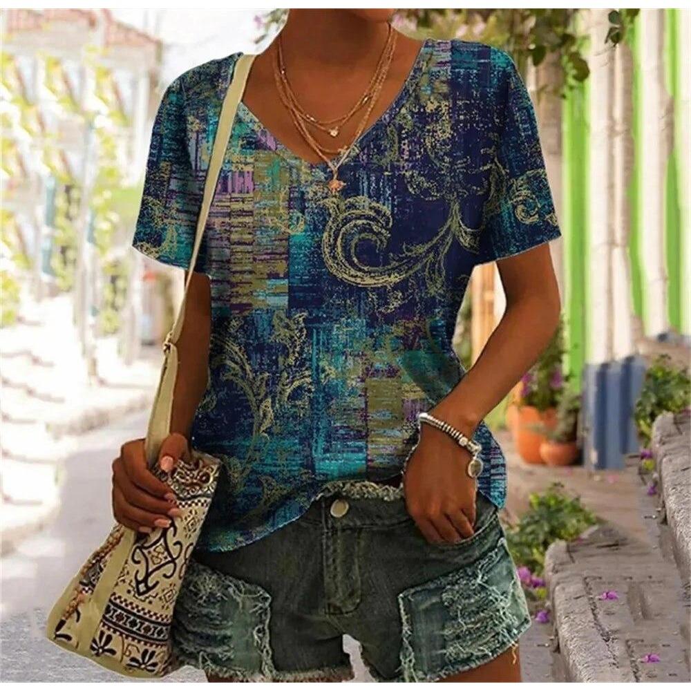 Abstract Face T-Shirts Fake Pocket 3D Print Women's V-Neck Short Sleeve T Shirt Y2K Casual Tees Harajuku Tops Female Clothing