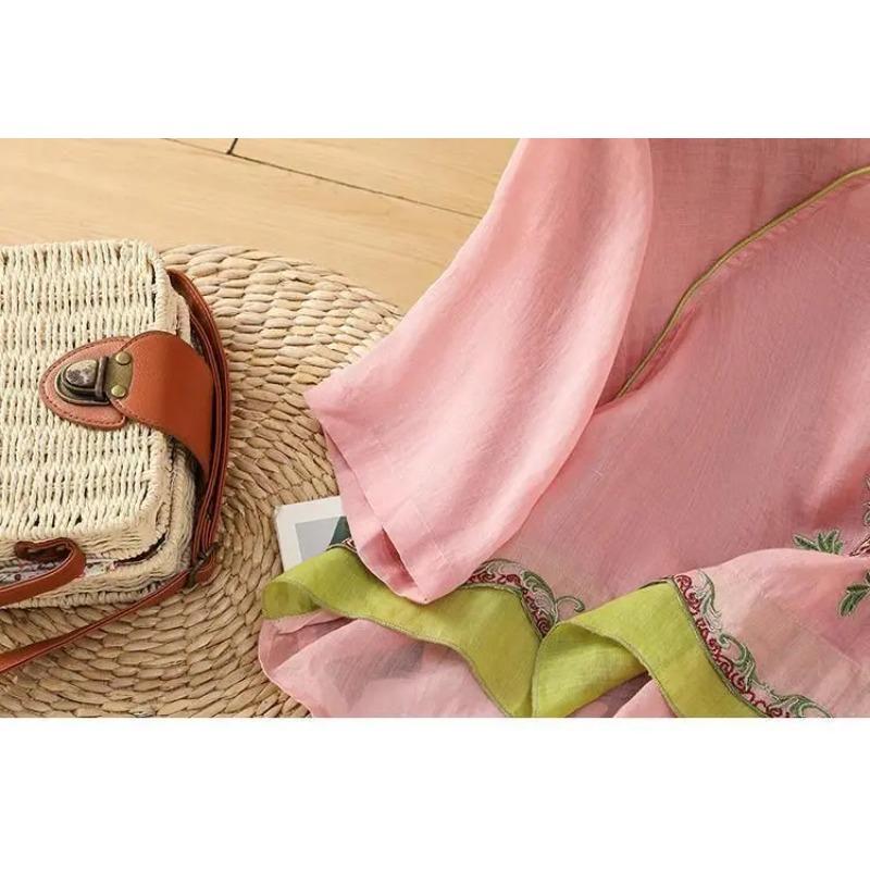 Chinese Style Slanted Collar Cheongsam Shirt Ummer Linen Retro Style Embroidered Literary Flair