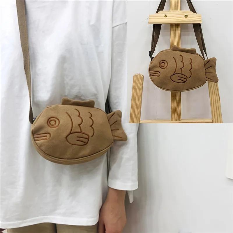 Fish Shape Canvas Messenger Bag Fashion Cute Embroidery Portable Zippered Small Purses Handbags Mini Crossbody Bag