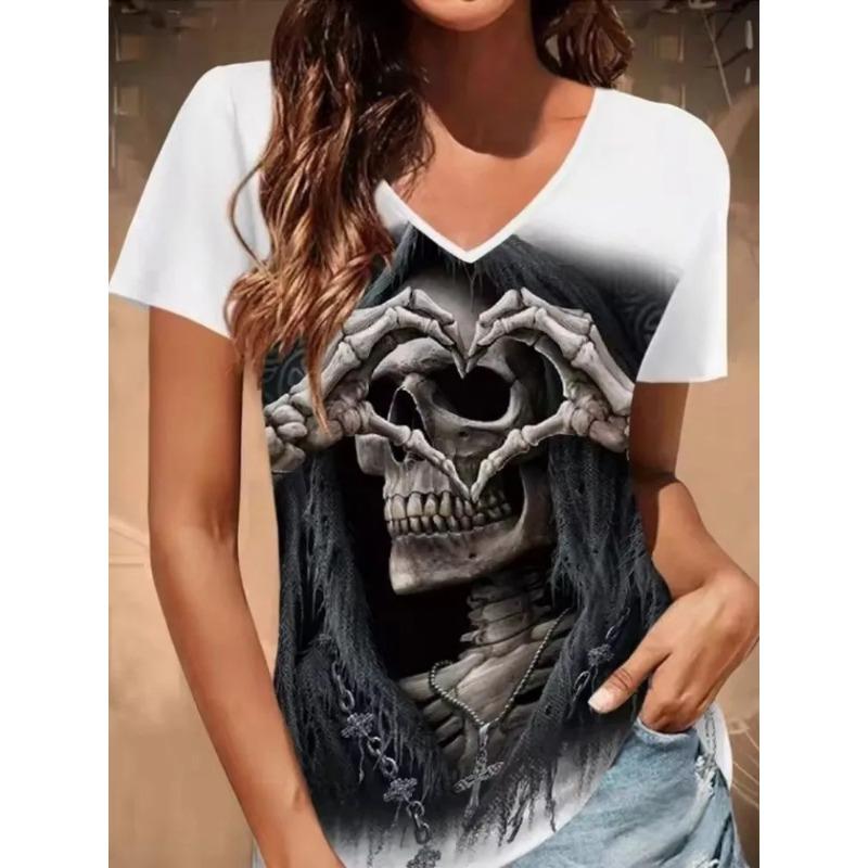 Summer V-neck 3D Skull Heart Graphic Printed Top Fashionable Casual Short Sleeved Women's T-shirts