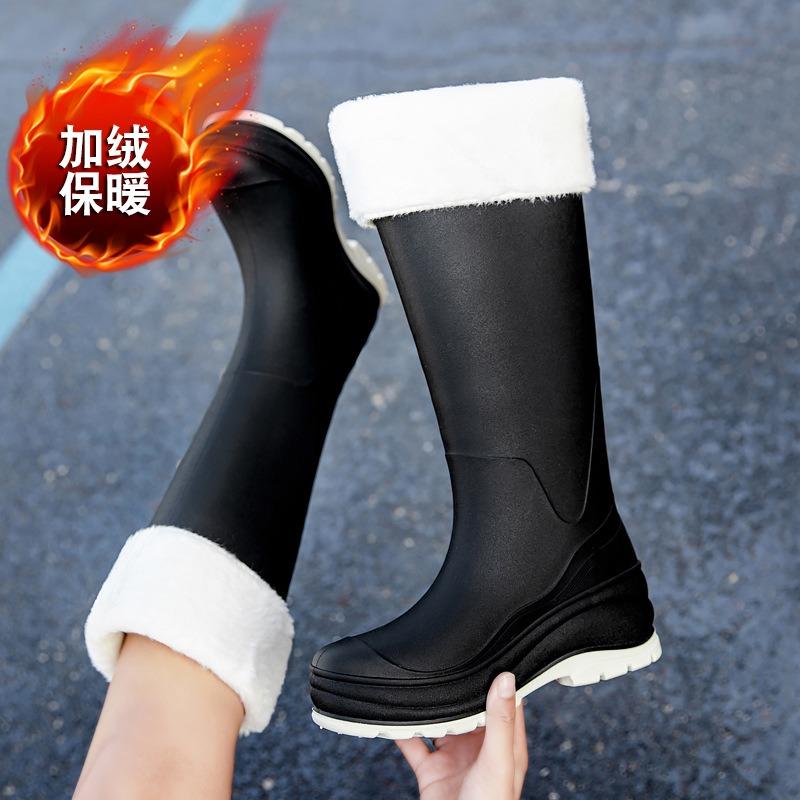 New fashionable women's high tube bundle rain shoes printed winter cotton warm women's water boots outdoor kitchen work shoes