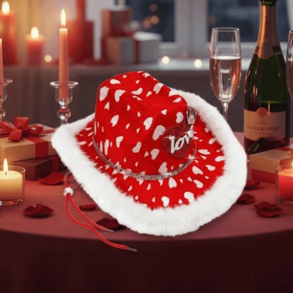Wide Brim Cowgirls Top Hat Warmer Valentine's Day Party Hat Adjustable Red Heart Cowboy Cap  Men