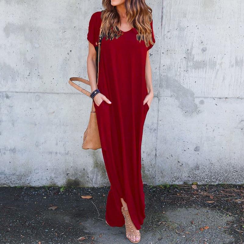 Premium Quality Women Summer Maxi T-shirt Dress With Short Sleeves And Pockets