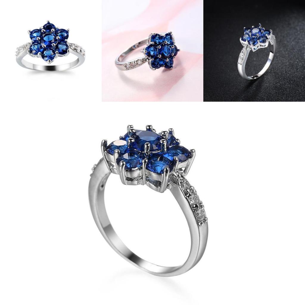 Elegant Blue Flower Shaped Ring For Women With Silver Topaz Detailing In Fashionable Style