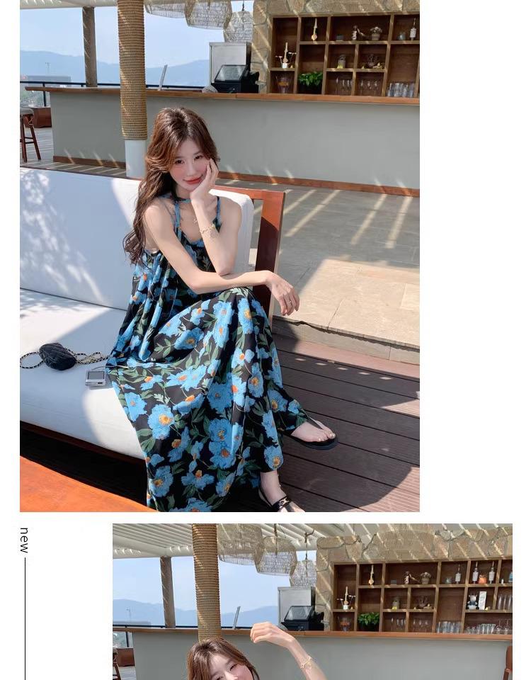 Blue Floral Strappy Chiffon Dress - Women's 2026 Summer Elegant Beach Style