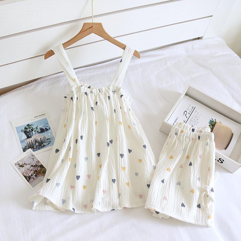 Women's Summer Cotton Gauze Pajama Set - Korean Camisole & Shorts, Sweet and Loose Homewear.