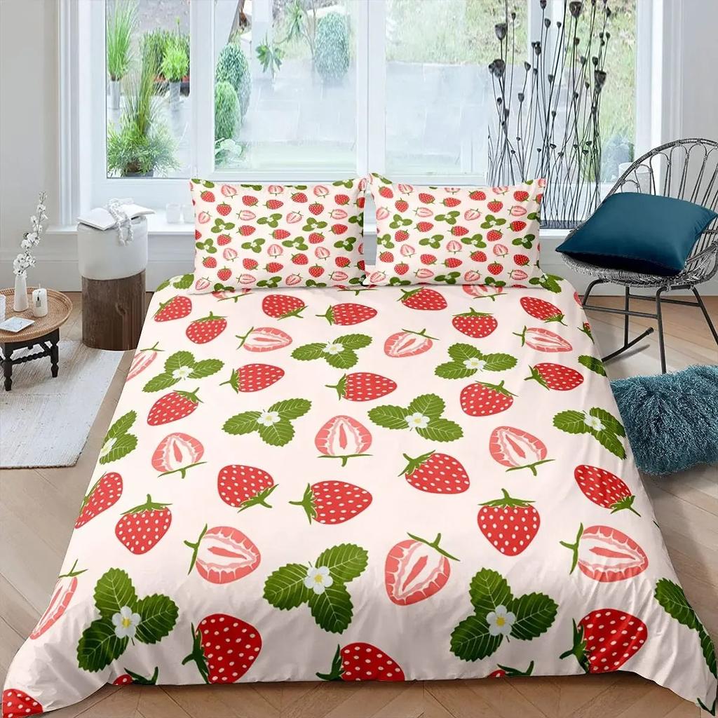 Strawberry Duvet Cover Set Girl King Size Comforter Cover Set Red Strawberry Bedding Set Food Fruit Quilt Cover for Kids Gift