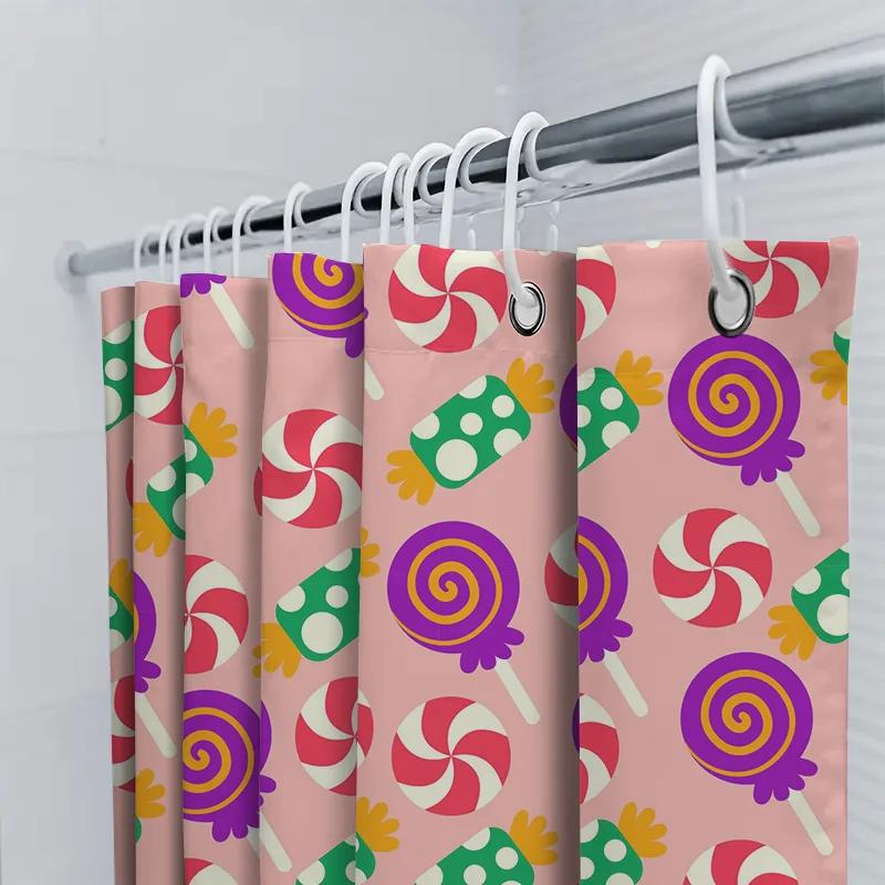 Bright Candy Print Shower Curtain Waterproof Bathroom Decor For Kids Room Polyester Fabric With Grommets Rings Set