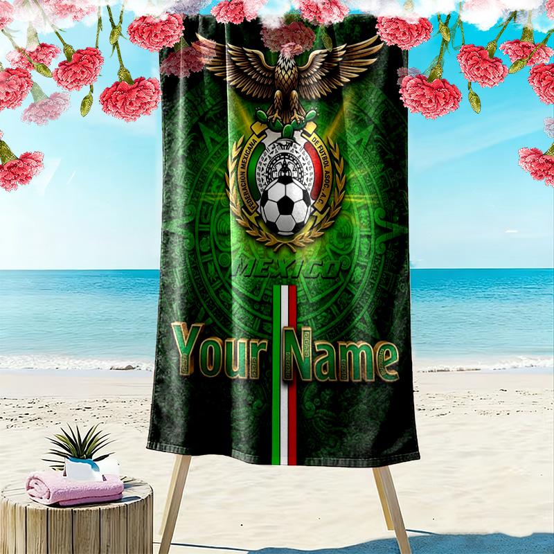 Name Custom Logo Mexico American Football Print Beach Towel, Large Soft Quick Dry Towel for Beach Camping Swimming