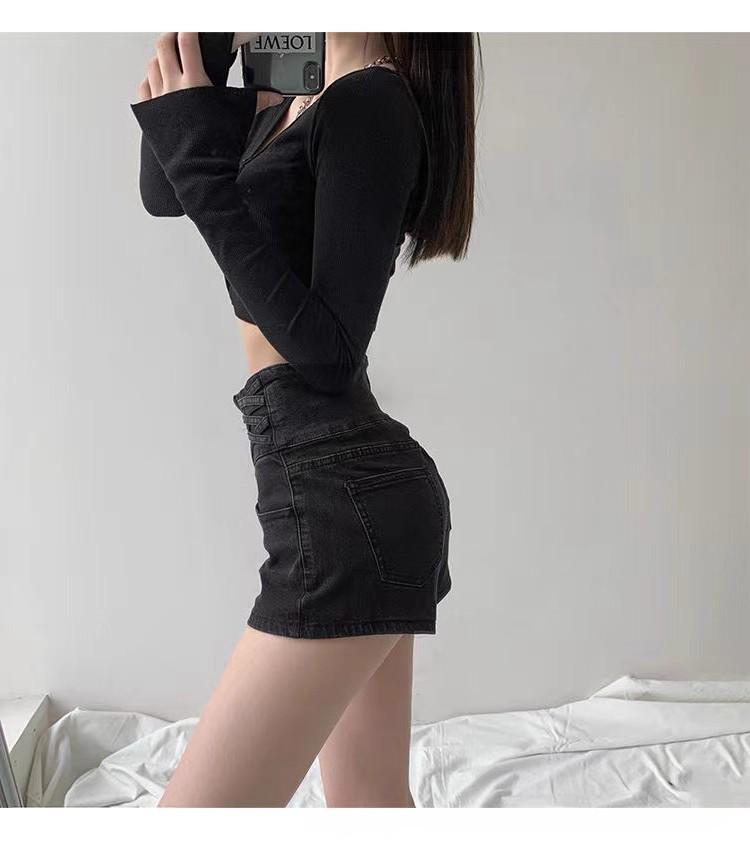 Women's Light Blue High-Waist A-Line Denim Shorts: 2025 Korean Summer Style, Elastic Waist, Casual Black Wide-Leg Design