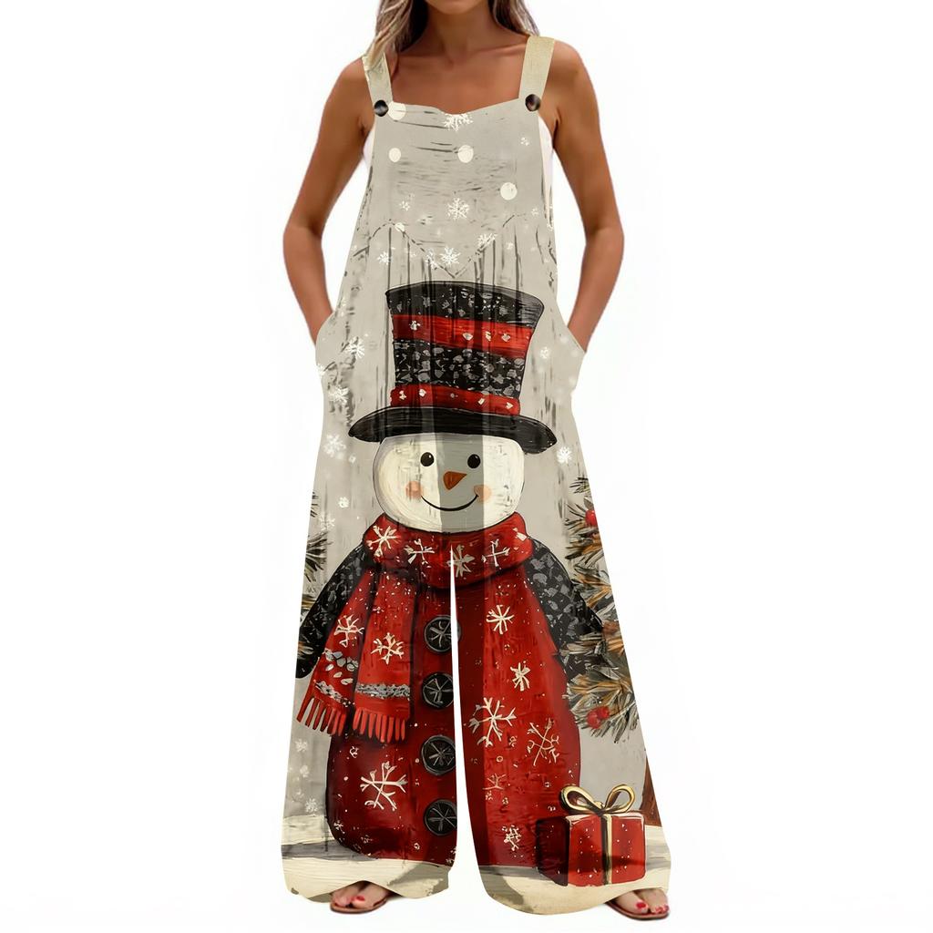 Women's Christmas Print Solid Wide Leg Strapless Tank Pocket Casual Onesie
