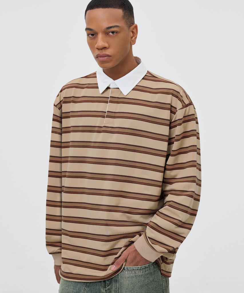TRILLION Striped Rugby Oversized Pique Polo Shirt [Beige]