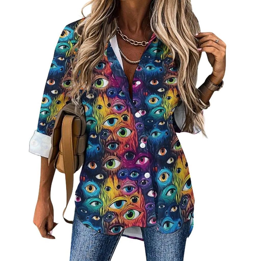 Women Street Fashion Shirt Abstract Evil Eye Casual 2025 New Spring and Autumn Blouse Long Sleeve Vintage Print Office Blouses