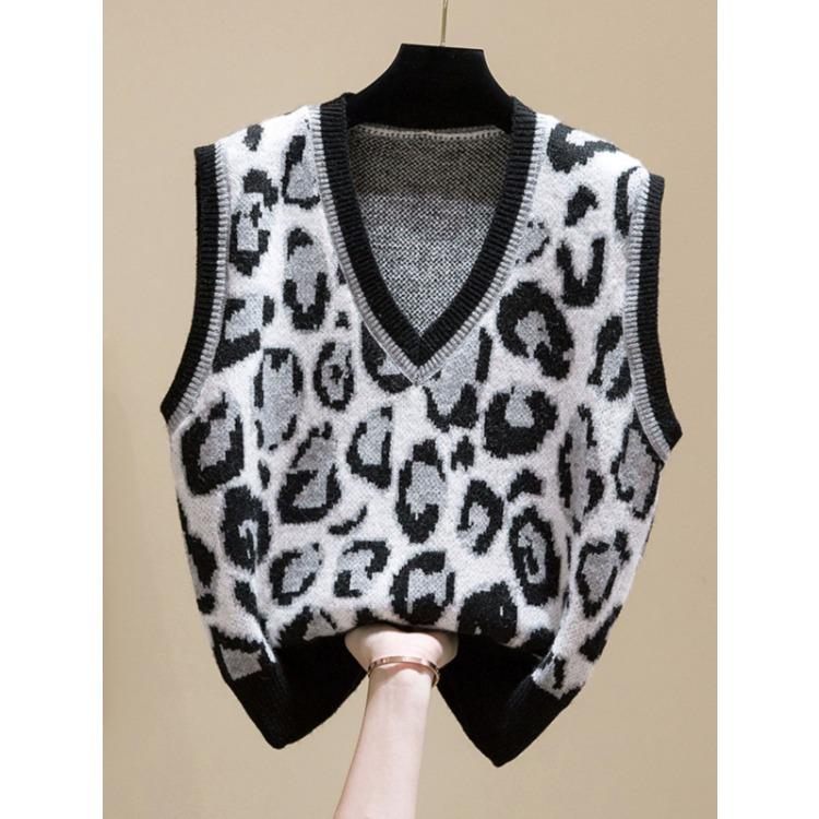 Dámská pletená vesta s výstřihem do V se vzorem leopardí srsti Jarní a podzimní vesta Korejský pulovr Svetrová vesta
