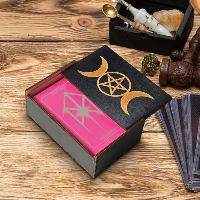 Tarot Cards Storage Box Wooden Lotus Printed Storage Box Crystals Jewelry Astrology Dice Playing Card Gift Storage Organizer Box