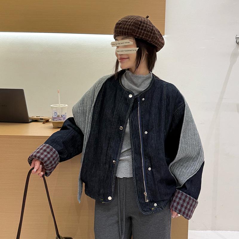 Стеганая джинсовая куртка в ретро-гонконгском стиле с вязаным шарфом - Элегантный осенне-зимний комплект из двух предметов. One Size