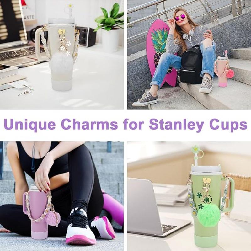 Straw Cap Silicone Insulated Cup Sleeve with Handheld Rope & Flower Pompon Pendant Set
