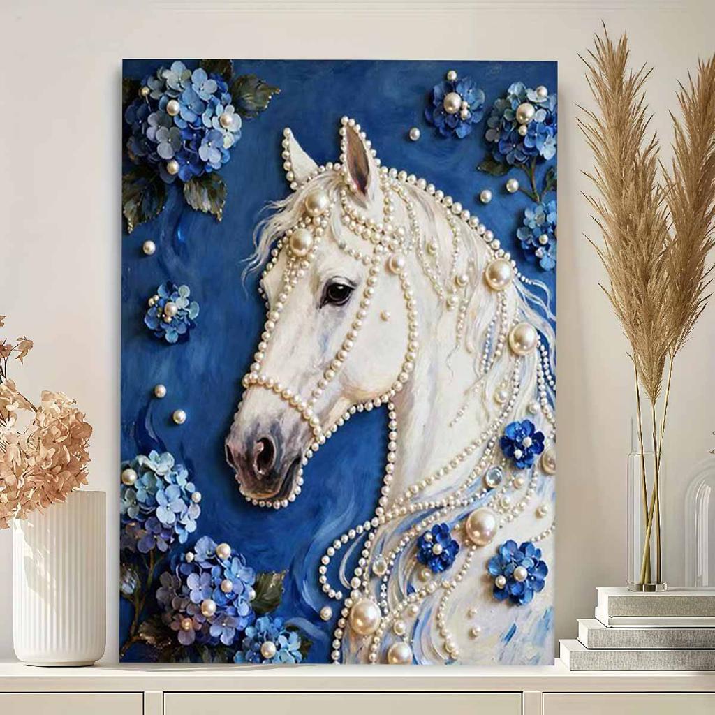 DIY White Horse Pearl Art Painting for Home Wall Decor Pearl Gem Paintings Picture Arts Craft  for Adults/Beginners Gift Idea Home Decor Without Frame