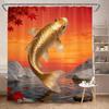 Koi Fish Shower Curtain 180x180cm – Japanese Ink Style with Black White Orange Koi, Misty Blue Floral Background, 12 Hooks
