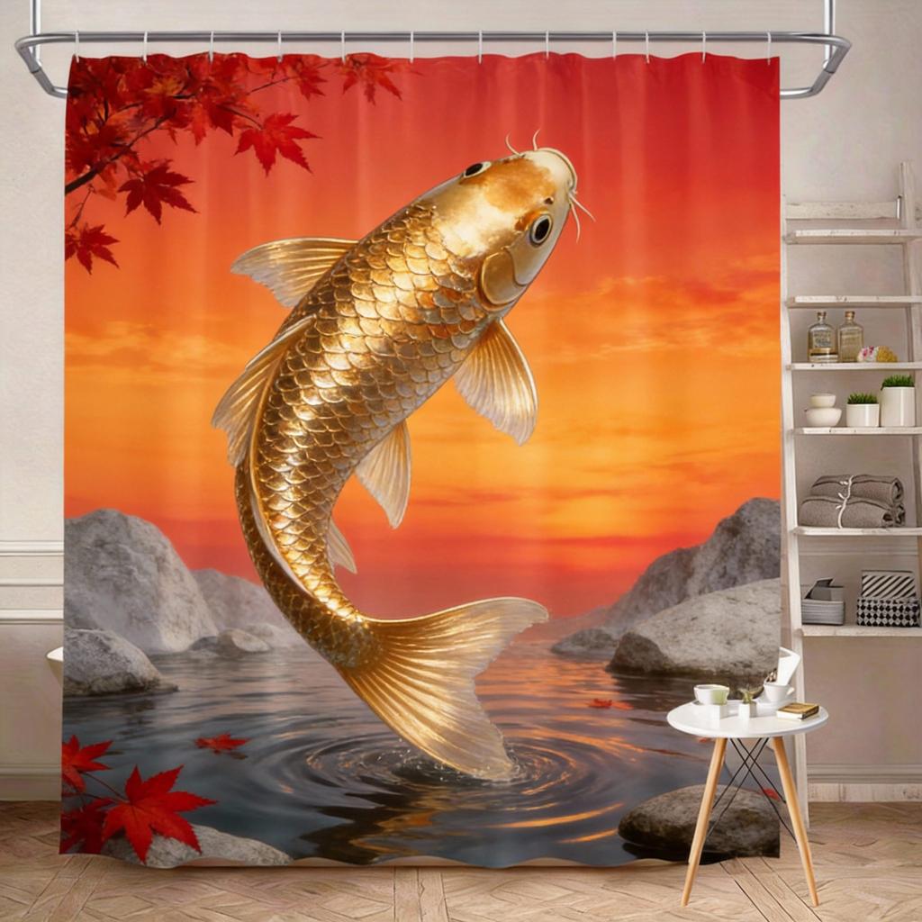 Koi Fish Shower Curtain 180x180cm – Japanese Ink Style with Black White Orange Koi, Misty Blue Floral Background, 12 Hooks