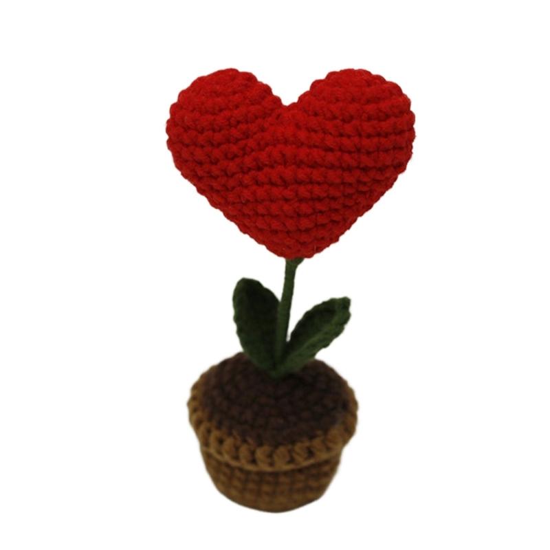 Crochet Heart Shape Flower In Pots Knitted Wool Mini Flower Potted Plant Romantics Ornament for Valentines Day Gift
