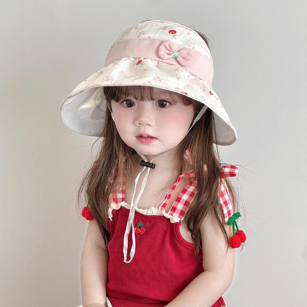 Girls' Floral Bow Wide-Brim Sun Hat - Breathable, Cooling, and Open-Top for Summer Protection